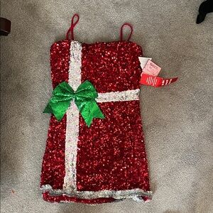 Red Sequin Dress with Green Bow